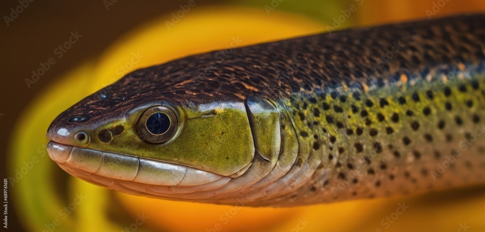 Poster a close up of a fish's face with a banana in the backgroung of the photo.