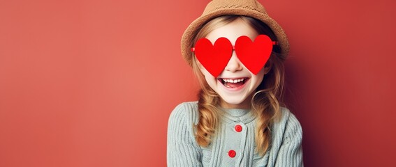 Portrait of a cute little girl with red heart on Valentines day concept. - Powered by Adobe