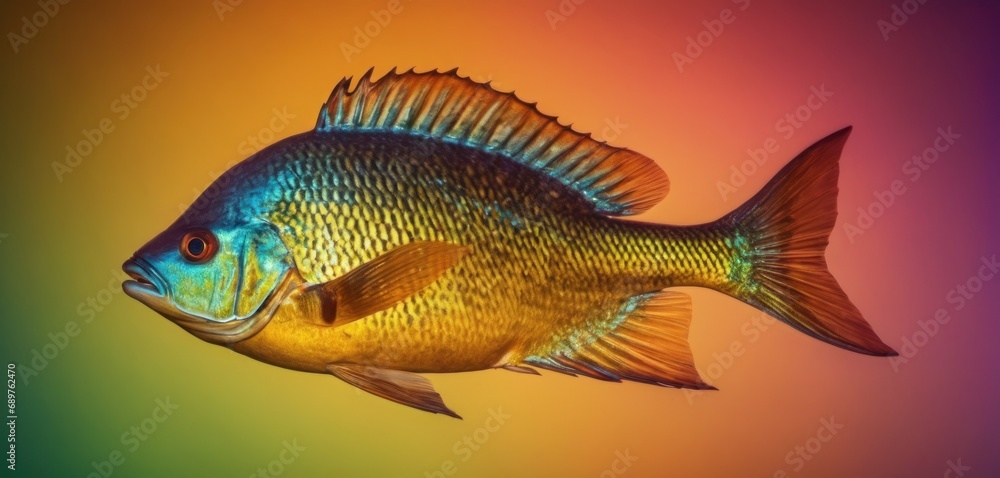 Poster a close up of a blue fish on a colorful background with a blurry image of the bottom part of the fis