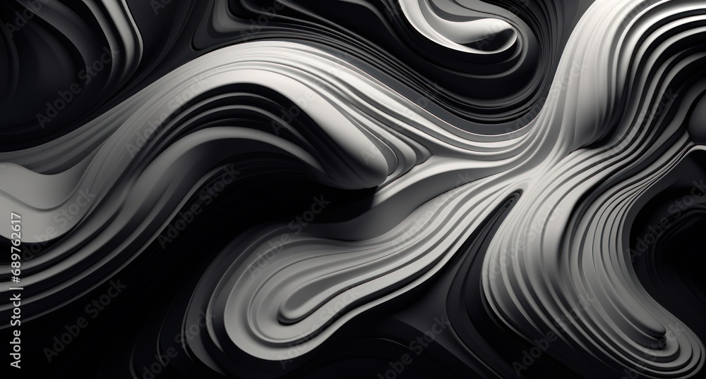 Poster an abstract black and white background with wavy lines and curves in the shape of a wave or a rectan