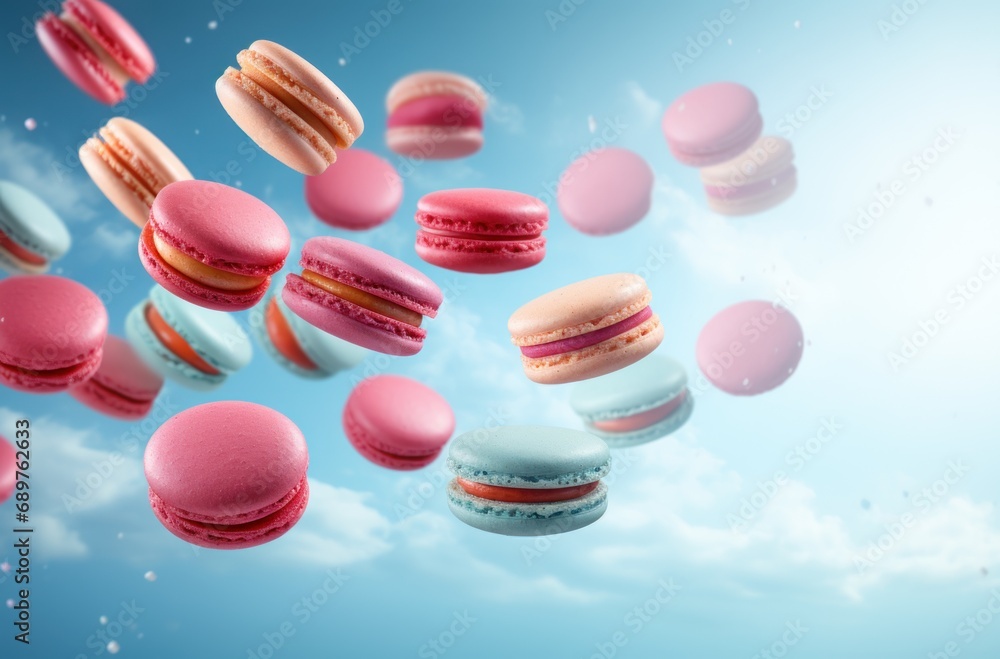 Poster a group of macaroons flying in the air with clouds in the sky in the background and a blue sky with 