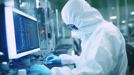 Scientist in protective gear researching on computer in a high-tech lab - obrazy, fototapety, plakaty