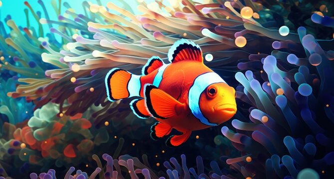  a painting of a clown fish swimming in an ocean with anemone and anemone anemone.