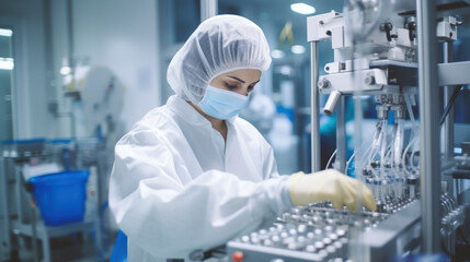 Naklejka premium Pharmaceutical worker in sterile gear meticulously operating machinery in a lab