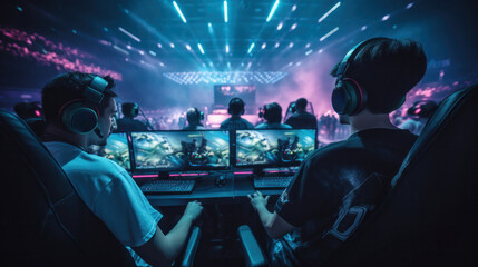 Professional esports team competing at a major gaming event, immersed in an intense tournament play