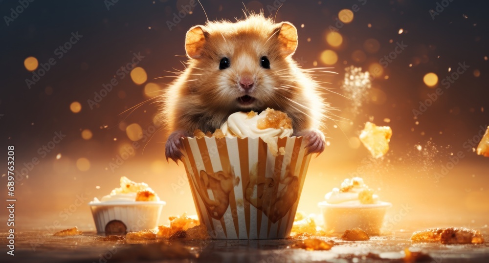 Poster a hamster sitting inside of a cupcake with a popcorn wrapper in front of it and popcorn scattered ar