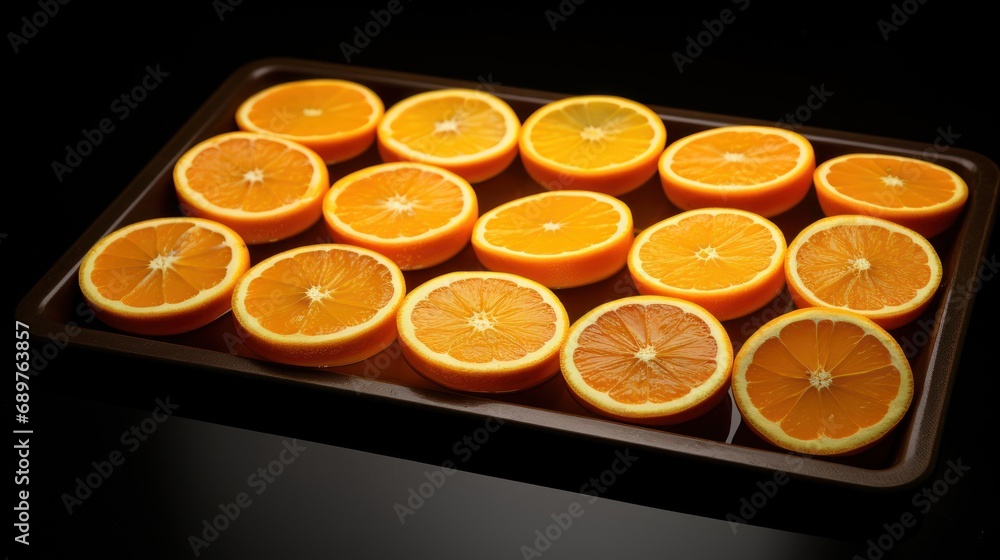 Poster a tray filled with sliced oranges sitting on top of a black counter top next to another tray of slic