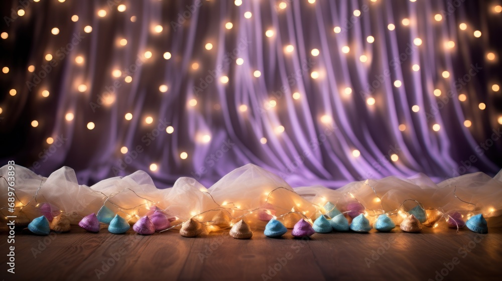 Poster a bunch of little lights that are on a table in front of a curtain with a purple curtain behind them