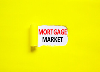 Mortgage market symbol. Concept words Mortgage market on beautiful white paper. Beautiful yellow paper background. Business mortgage market concept. Copy space.