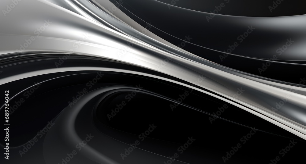 Poster a close up of a black and white background with a silver swirl on the bottom of the image and a blac