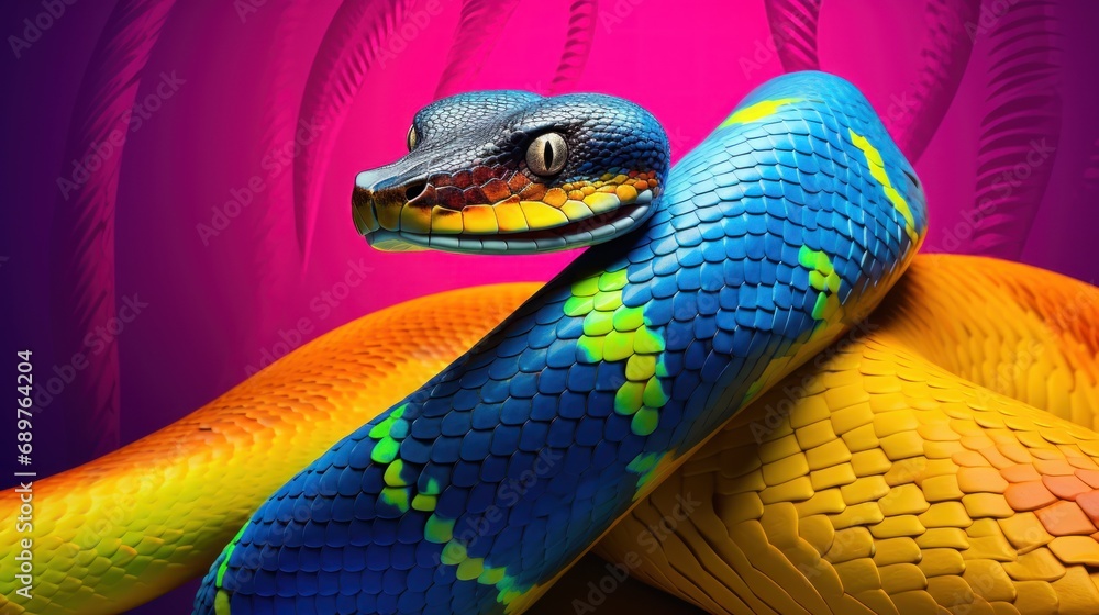 Poster a close up of a colorful snake on top of another snake on top of another snake on top of another sna