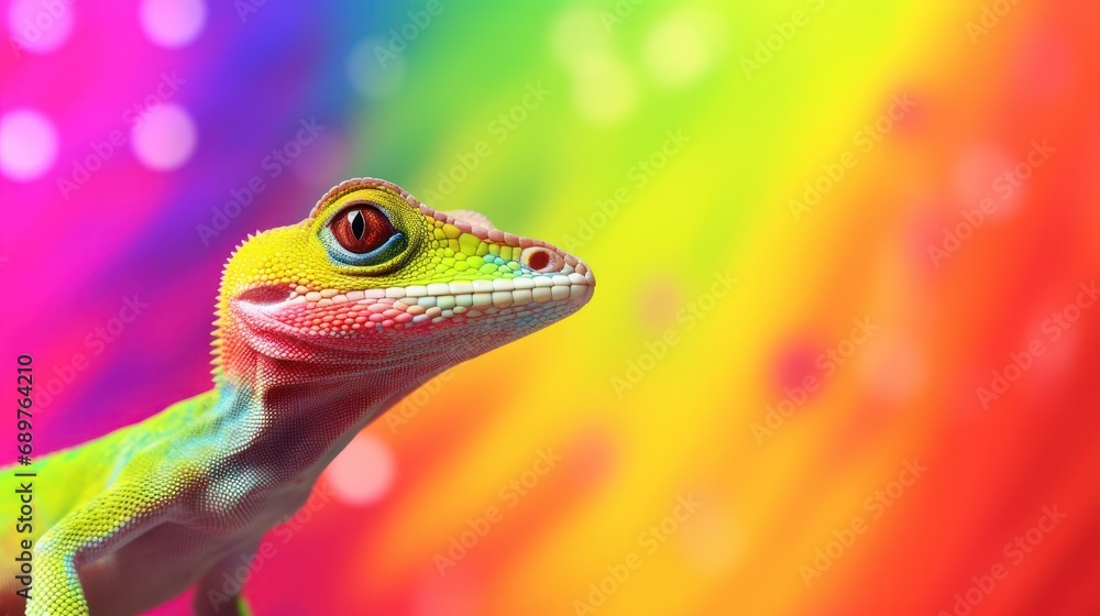 Poster a close up of a lizard on a rainbow background with a blurry image of the lizard's head.