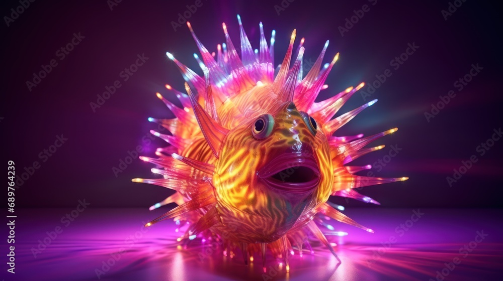 Poster a strange looking object with bright lights on it's face and a strange look on it's face.