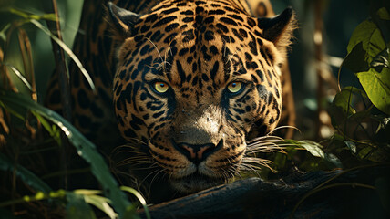 Jaguar with green eyes stalking prey detailed vegetation and waterfall in amazon rainforest background, cinematic shoot, ultrareal, morning light