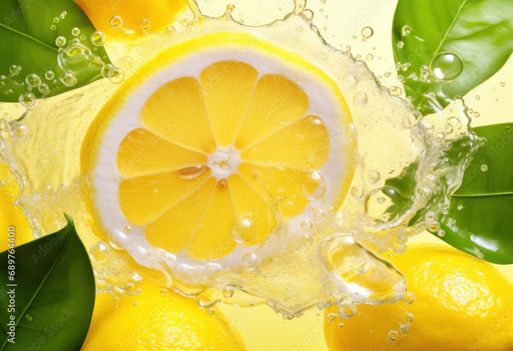 Poster  a close up of a sliced lemon on a yellow background with water splashing on the top of the lemon.