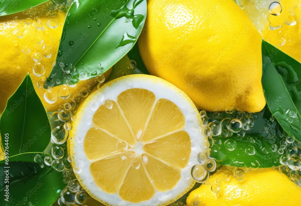 Poster  a group of lemons with leaves and water on the top and bottom of the lemons on the bottom and bottom of the lemons on the bottom.