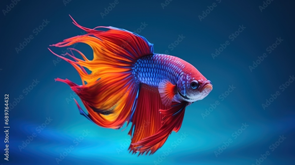Aufkleber a close up of a red and blue fish on a blue background with a blurry image of the bottom part of the