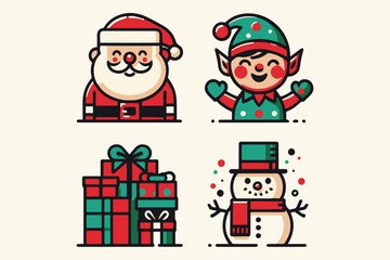 Charming Collection of 4 Minimal Vector Christmas Graphics - Featuring Santa, Elf, Rudolph, and Frosty for Festive Designs