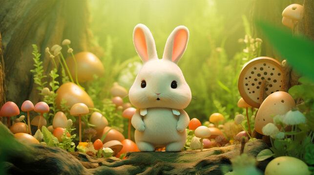 Cute 3d happy bunny with colorful eggs on blue sky and green meadow grass with daisy and mountains background. Adorable rabbit for easter spring holiday design digital art reder