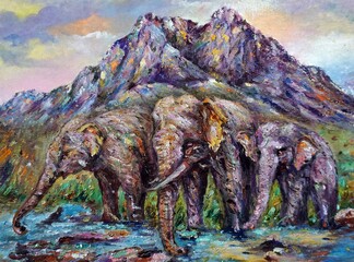 hand painted original impressionism art painting oil color elephant family in forest