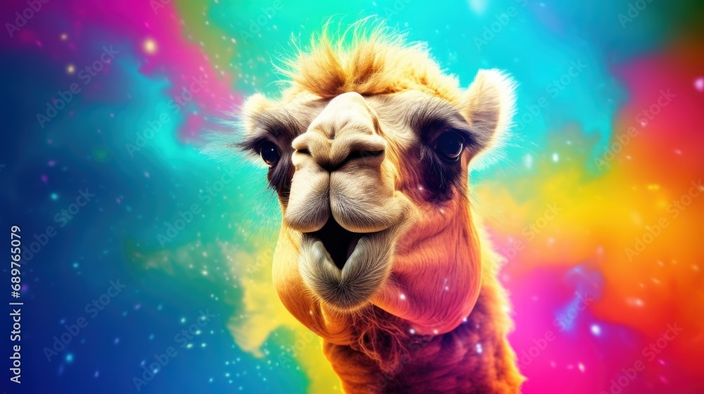 Poster a close up of a camel's face with a multicolored sky behind it and stars in the background.