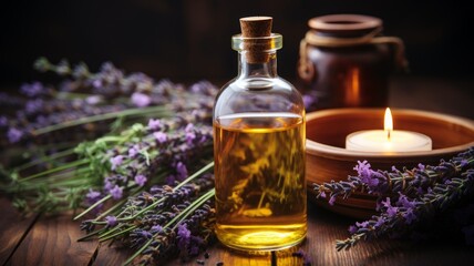 Aromatic lavender oil in a bottle with lavender flowers