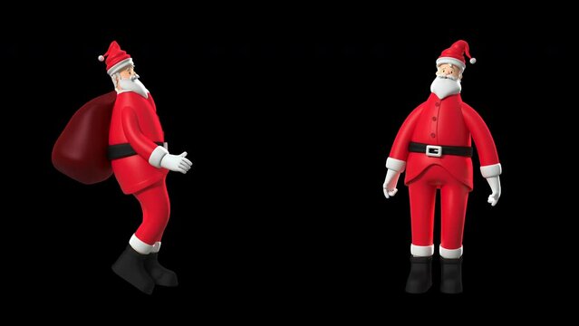 3D Rendered Santa Claus Walking Carrying Bags Full Of Gifts On Their Back On Loop In Transparent Background.