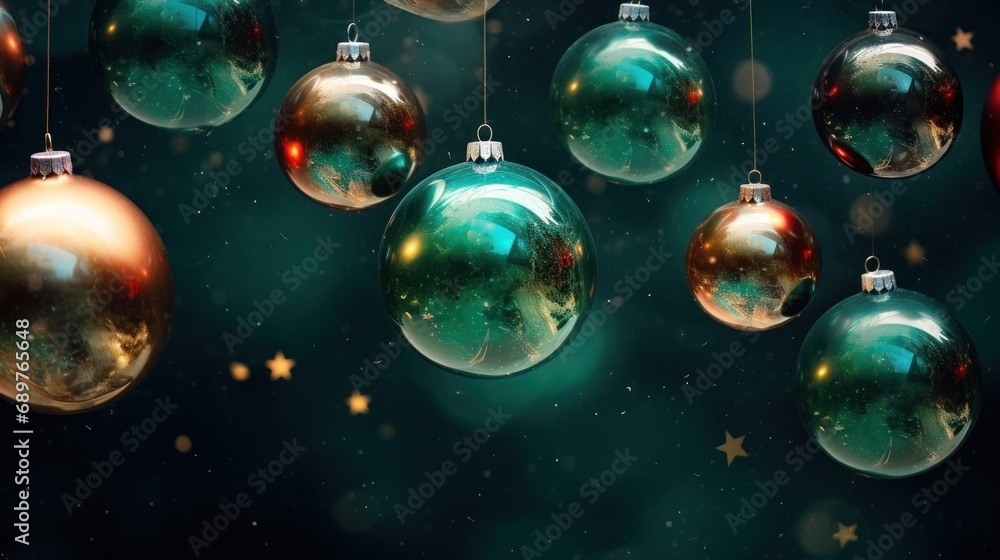 Poster a group of christmas ornaments hanging from strings on a dark background with stars and snowflakes i