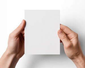 Fototapeta premium Close up of hands holding a blank business card isolated on white background