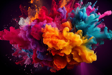 Obraz premium Beautiful powder explosion in all directions with vivid colors and black background. Paint holi, Colorful rainbow holi paint splash. Generation Ai
