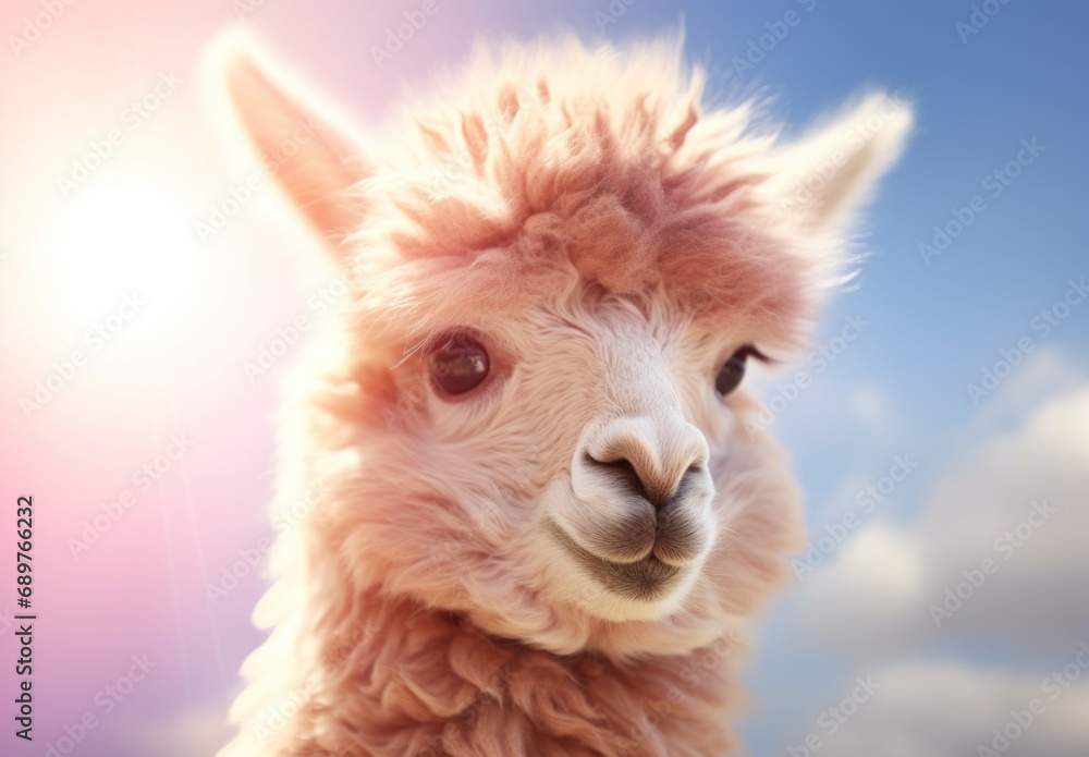 Poster a close up of a llama's face with a blue sky in the background and clouds in the foreground.