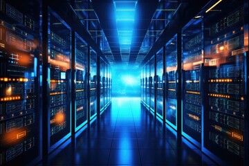 Fototapeta premium A busy server room filled with multiple rows of servers. Ideal for technology-related projects and concepts