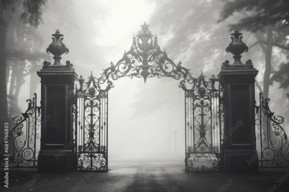 Aufkleber a captivating black and white photo of a gate enveloped in thick fog. perfect for creating a mysteri