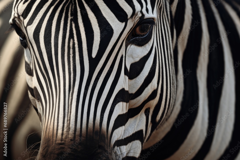 Poster a detailed close-up of a zebra's face with a blurred background. perfect for nature and wildlife the