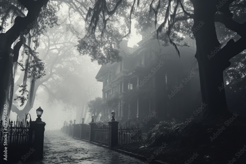 Poster a black and white photo of a foggy street. perfect for adding a moody and mysterious atmosphere to y