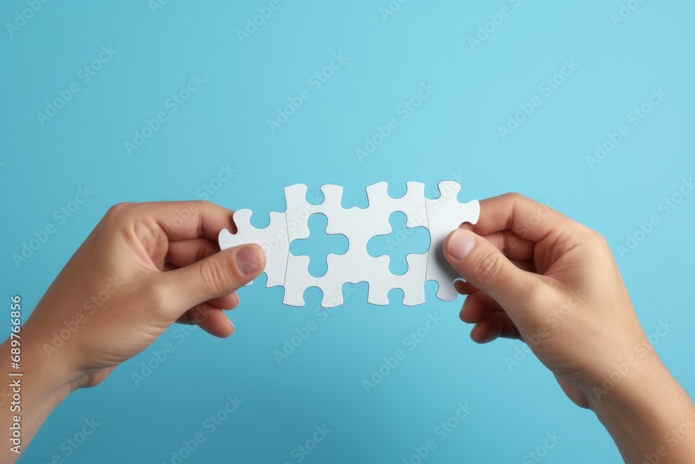 Poster two hands holding a piece of a white puzzle. suitable for concepts related to teamwork, problem-solv