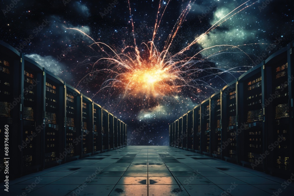 Poster servers in a data center with fireworks lighting up the sky. perfect for illustrating technology, ce