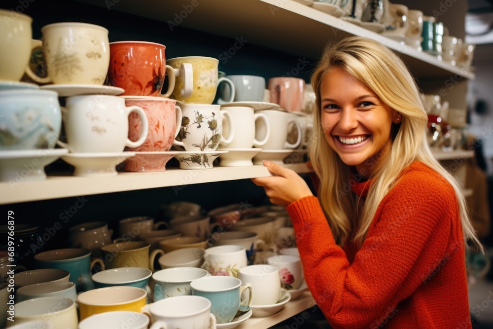 Poster A woman with a smile on her face standing in front of a shelf filled with coffee cups. Suitable for various uses