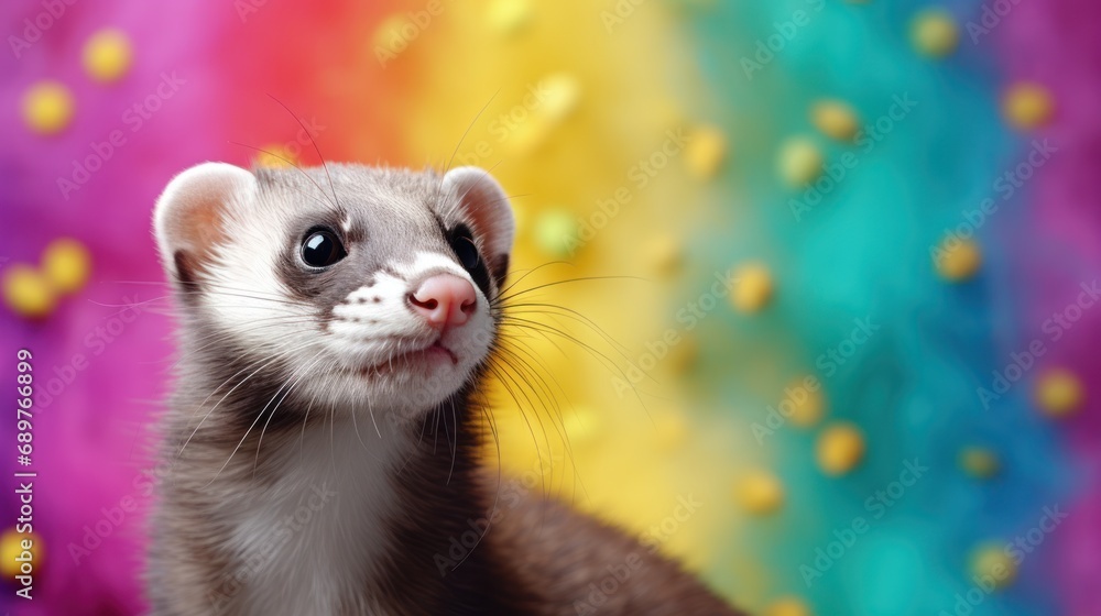 Poster a close up of a ferret looking at the camera with a multicolored background and stars in the backgro