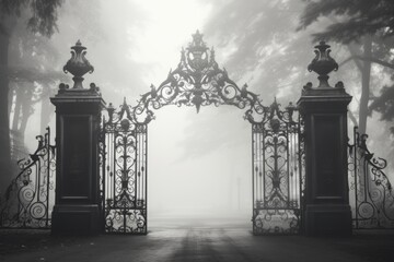 A captivating black and white photo of a gate enveloped in thick fog. Perfect for creating a...
