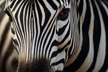 A detailed close-up of a zebra's face with a blurred background. Perfect for nature and wildlife themes