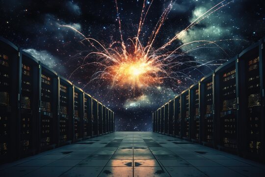 Servers in a data center with fireworks lighting up the sky. Perfect for illustrating technology, celebration, and connectivity. - Powered by Adobe