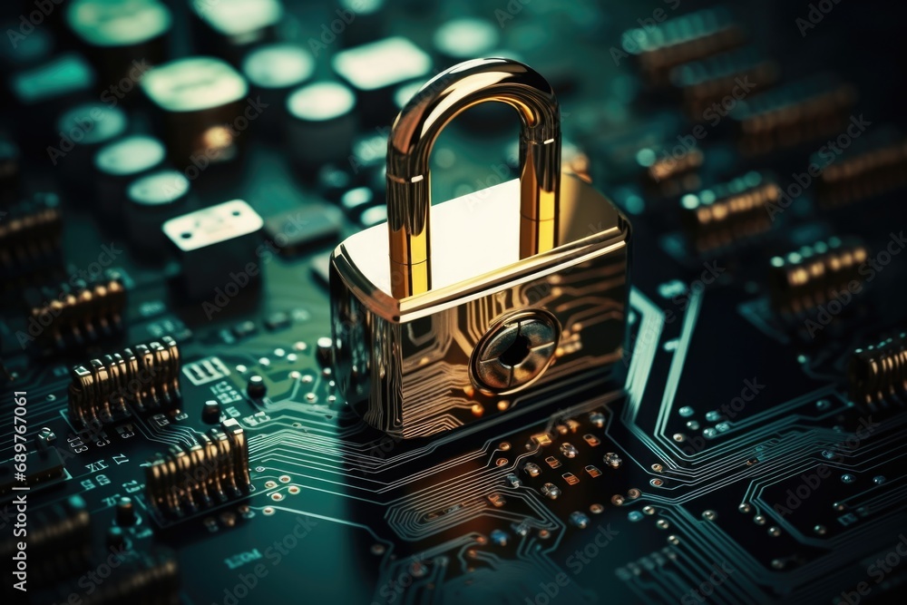 Poster A golden padlock sitting on top of a circuit board. This image can be used to represent data security, cyber protection, or encryption