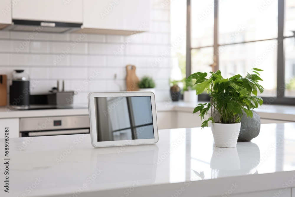 Poster a tablet computer placed on a kitchen counter. ideal for showcasing technology in a modern kitchen s