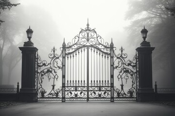 A black and white photo of a gate. Suitable for architectural projects or vintage-themed designs