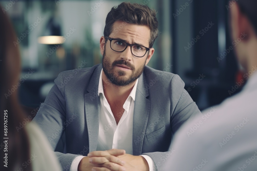Aufkleber a man in a suit and glasses sitting at a table, working on a project. suitable for business and offi