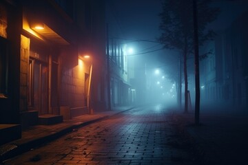 A city street illuminated by the glow of streetlights, covered in a thick layer of fog. Perfect for creating a mysterious and atmospheric setting - obrazy, fototapety, plakaty