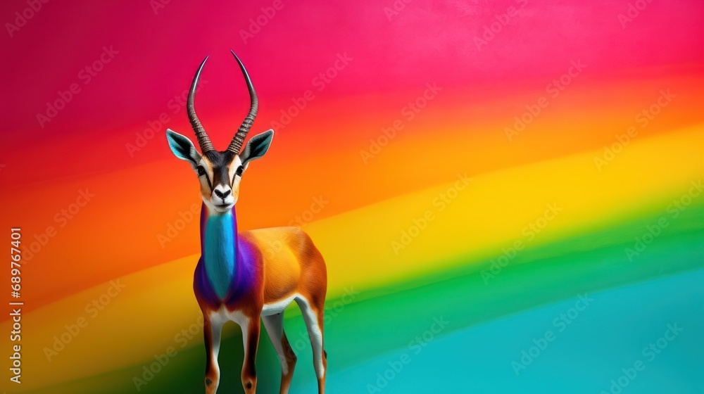 Poster an antelope standing in front of a multicolored background with the colors of the rainbow in the for
