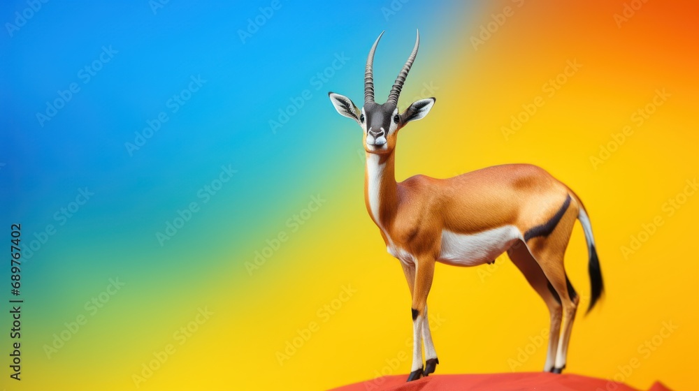 Poster a small toy antelope standing on top of a red rock in front of a multicolored background.