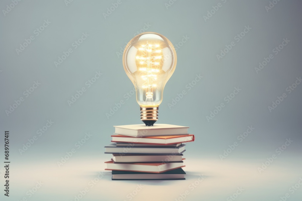 Aufkleber A light bulb sitting on top of a stack of books. This image can be used to represent creativity, knowledge, or inspiration